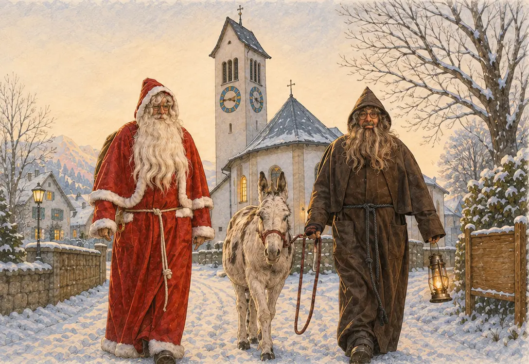 Gemalte Winterszene: Samichlaus, Esel und Schmutzli mit Laterne vor der verschneiten Kirche von Gunzgen